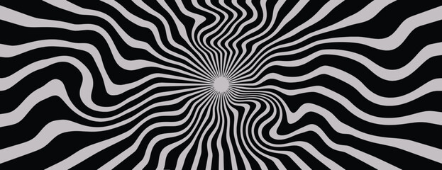 Psychedelic black and white background with swirling lines. The background features black and white patterns creating a hypnotic effect. Psychedelic pattern background vector. Black background.