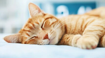 A ginger cat relaxes on a soft surface during a veterinary visit, showcasing a calm and comfortable demeanor in the clinic