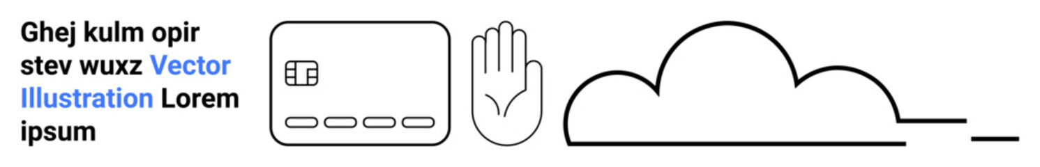 Credit card, raised hand, and cloud outline on a minimalist design. Ideal for online banking, security, authentication, data protection, cloud storage privacy financial services. Landing page