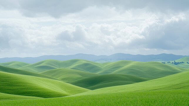 Lush green rolling hills under a cloudy sky.