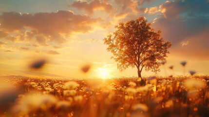 serene sunset landscape featuring solitary tree amidst blooming flowers, casting warm glow over field. scene evokes tranquility and natural beauty