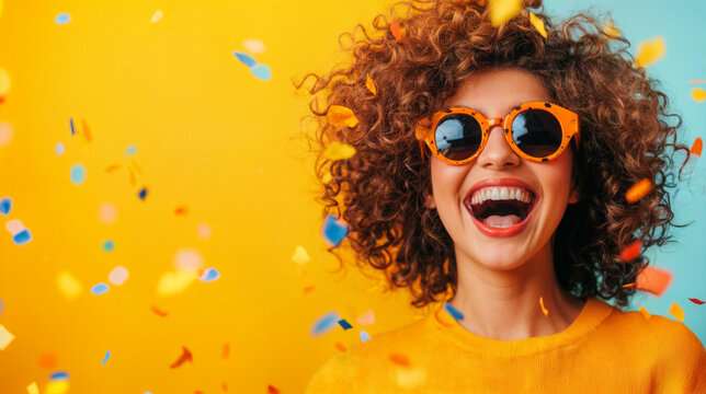 Banner amarelo de Carnaval com mulher curtindo e se divertindo, com espa&ccedil;o para texto