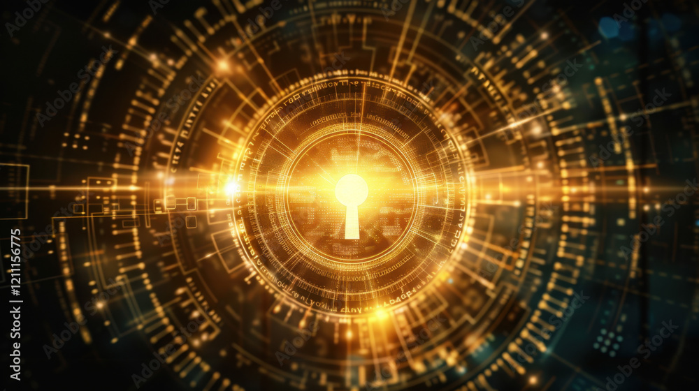 Poster glowing keyhole surrounded by digital patterns and light rays, symbolizing security and technology. 