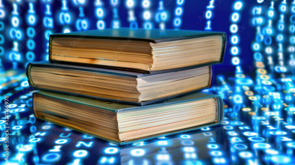 Poster books stacked on digital background with binary code, symbolizing knowledge and technology