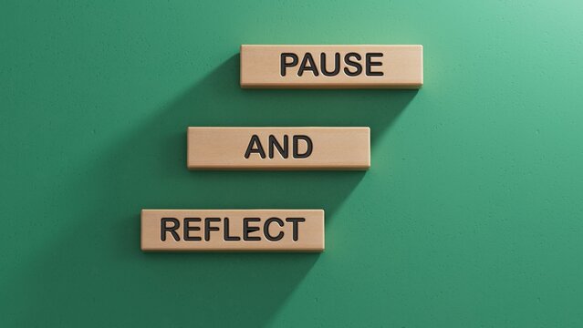 Pause and Reflect symbol. Concept words Pause and Reflect on wooden blocks.Business and Pause and Reflect concept. Copy space.3D rendering on green background.