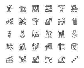 Simple vector crane type related such hook, cable outline icon set, industry and transportation cargo delivery concept, 48x48 pixel perfect icon editable stroke for website, mobile app, ux,ui design