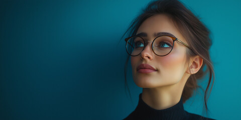 Contemplative woman with glasses urban setting portrait photography indoor environment close-up viewpoint self-reflection concept
