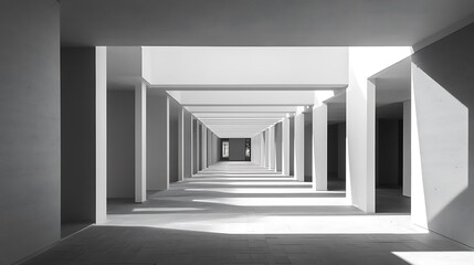 Fototapeta premium Light-filled corridor with a repeating pattern of columns For emphasizes light and shadow in a minimalist design Concept.