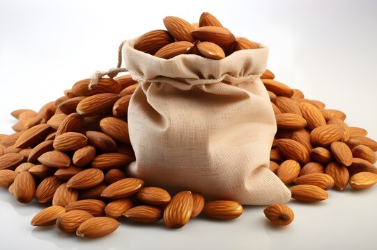 A realistic close-up of a jute bag filled with organic almond kernels, placed over a pile of whole almonds on a white background, showcasing the natural textures and earthy tones in high definition.