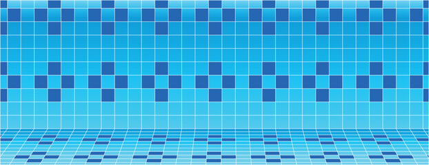 A blue tiled background with a checkered pattern. The background features light blue and dark blue tiles, creating a geometric texture. Grid pattern background vector. Blue background.