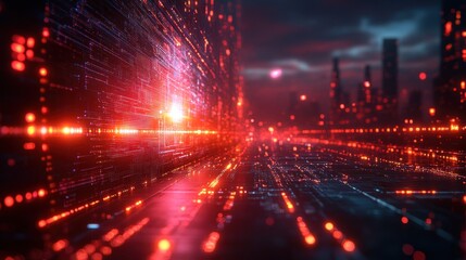 Futuristic digital cityscape with glowing red and blue lights