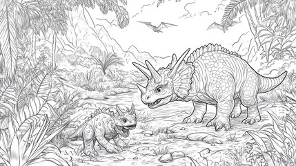 Fototapeta premium Prehistoric Triceratops and baby, jungle scene, coloring page