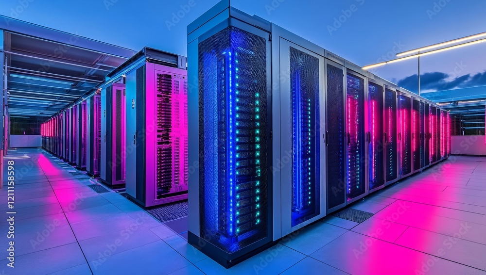 Poster Futuristic data center with rows of illuminated server racks at night.