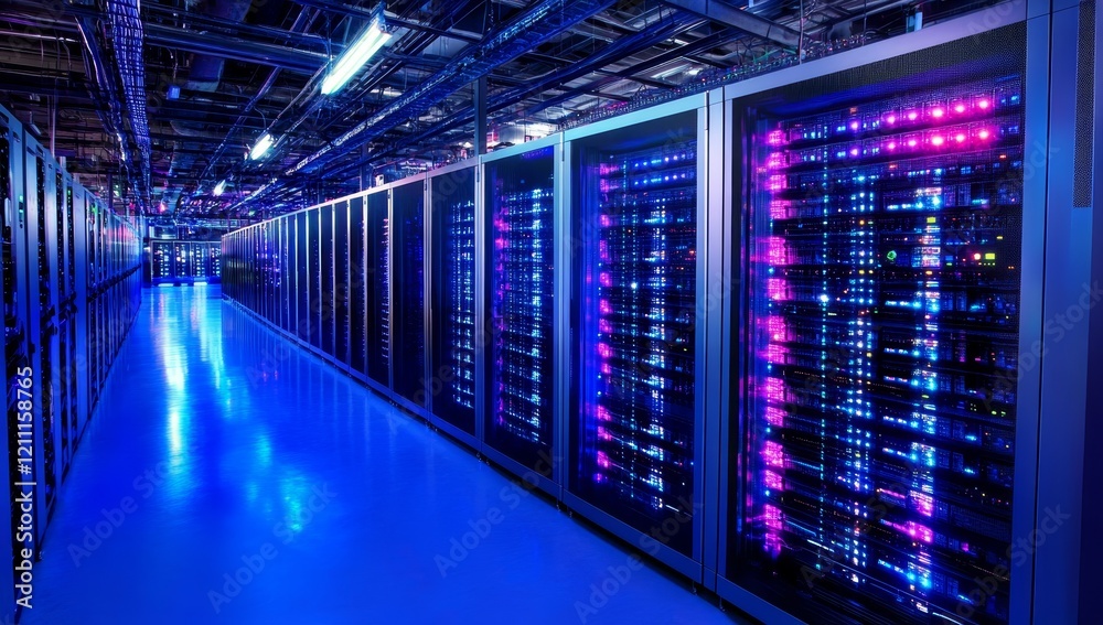 Poster Rows of illuminated servers in a modern data center.