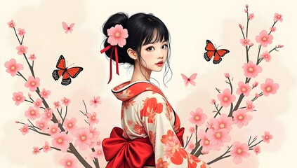 Fototapeta premium A woman in a floral kimono with a gold bow, surrounded by blooming cherry blossoms and red butterflies. Her flowing hair and soft pink background evoke a serene spring atmosphere