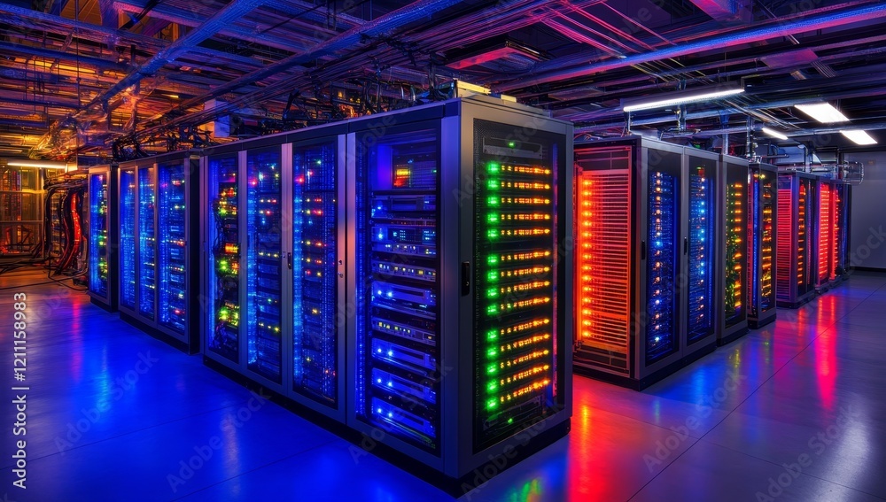 Poster data center server room with colorful lights.