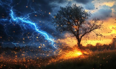 Obraz premium A close-up of a lightning bolt as it strikes a tall tree, with vibrant blue and yellow sparks flying, against a backdrop of dark clouds swirling above. 