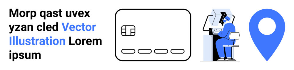 Character using ATM for banking with a credit card, accompanied by a location marker. Ideal for financial services, banking apps, online transactions, fintech, geolocation services, user experience