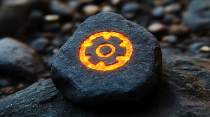Glowing Gear Engraved On Dark Volcanic Rock