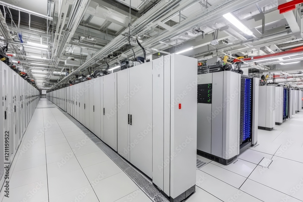 Poster Modern data center server room with rows of network servers and cooling systems.