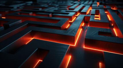 close up view of dark maze with glowing orange lines, creating mysterious and intriguing atmosphere. intricate design invites exploration and curiosity