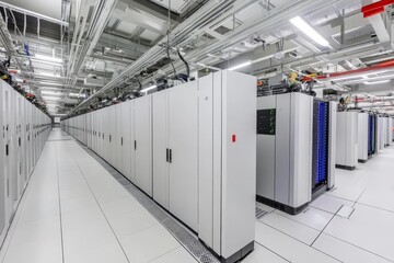 Modern data center server room with rows of network servers and cooling systems.