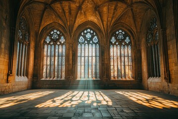 Obraz premium Sunbeams stream through Gothic arched windows in a stone hall. Perfect for illustrating history, religion, or fantasy themes.