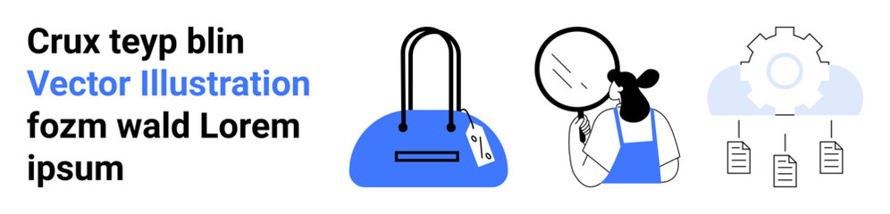 Handbag, woman with magnifying glass, gear with cloud and documents. Ideal for e-commerce, retail analysis, fashion industry insights, online shopping, cloud computing, data storage digital