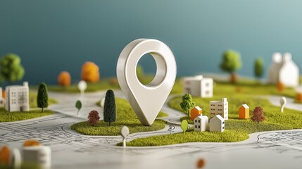 3D Representation of Location Pin Over Map with Green Landscape and Miniature Buildings