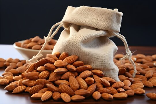 An HD shot of a jute bag containing organic almond kernels, resting on a mound of almonds, with the white background highlighting the contrast.