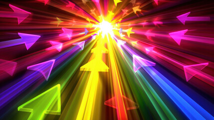 Bright and colorful arrows radiate outward, creating dynamic and energetic visual effect. vibrant colors and light rays evoke sense of movement and excitement