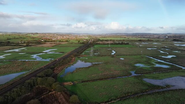 Wetlands and Marshes in RSPB Exminster and Powderham Marshe from a drone, Exeter, Devon, England