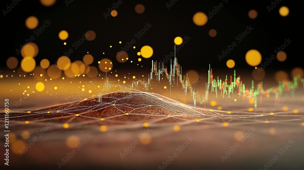 Poster digital financial data visualization with abstract currency and trend graph elements in dark backgro