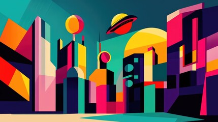 Obraz premium Abstract Cityscape with Geometric Buildings and UFO