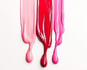 Three shades of pink and red paint drips on white.