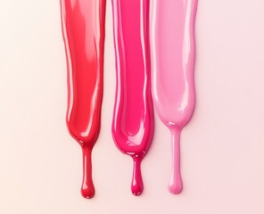 Three shades of glossy lip gloss dripping down.