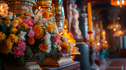 Fototapeta premium Grand Temple Festival Setup: Flowers and Lamps,