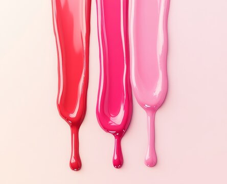 Three shades of glossy lip gloss dripping down.