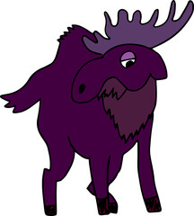 forest humpback big purple moose with big purple antlers standing and looking down