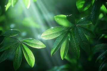 Dewdrop kissed green leaves bathed in sunlight