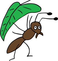 A brown ant stands on its two hind legs with its eyes wide open and holds a large green leaf above itself