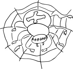 A creepy eight-legged spider with lots of eyes and a cross pattern on its back sits on a web