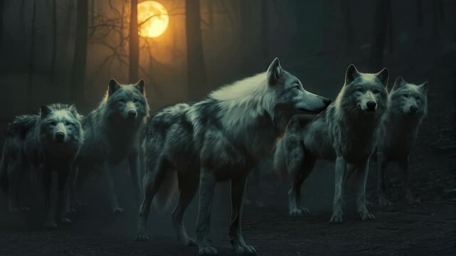 Wolves advancing in moonlit forest: pack unity and movement at night