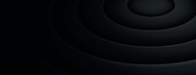 Dark black background with a smooth, concentric circle pattern. The black background adds depth and texture with its layered design. Circular pattern background. Black background vector.