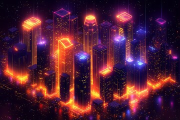 Neon Cityscape Illuminated Towers Glowing Metropolis