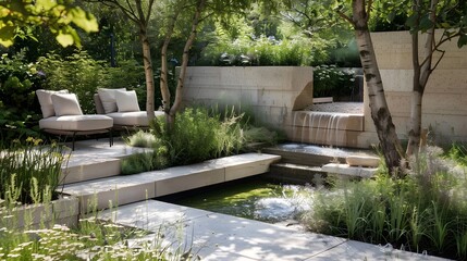 Minimalist garden with a water feature and seating area