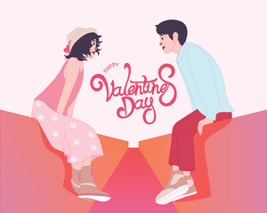 Romantic couple sitting on a wall, smiling with love, 'Happy Valentine's Day' text between them.