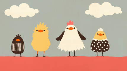 Cute cartoon chicks standing together against blue background