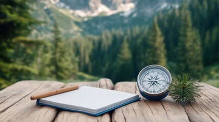 Naklejka premium Blank Notebook and Compass on Rustic Table with Scenic Mountain Landscape and Pine Trees in Background