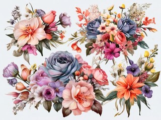 Stylish colorful wedding invitation Card elements Floral flower Frame Bundle And Watercolor Lovely Flowers set With Leaves